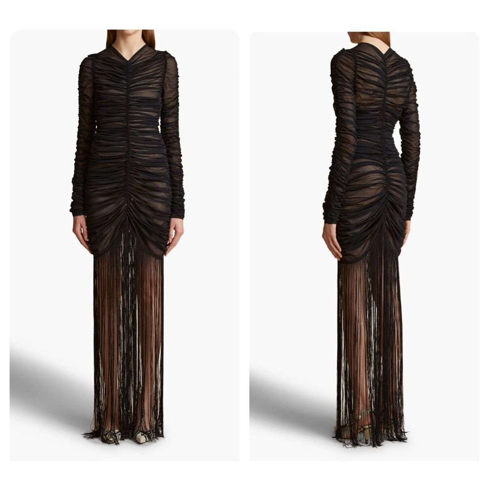 NWT Khaite Guisa Ruched Semi Sheer Long Sleeve Ruched Fringed Dress Medium $4200